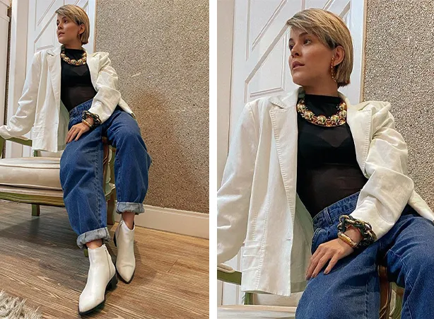 Look com blusa transparente e calça jeans