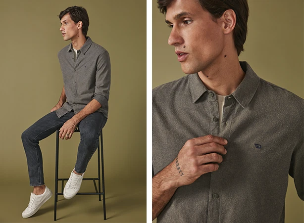 Look com camisa estilosa em tecido flanelado em cinza escuro