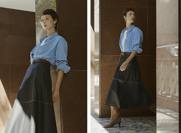 Look feminino com saia em jeans resinado