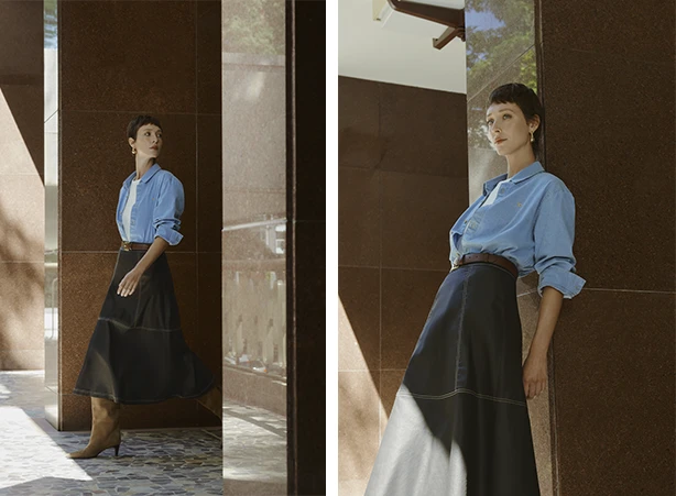 Look meia-estação com saia midi