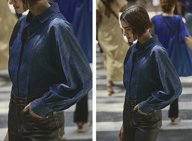 Look com camisa jeans e calça em jeans resinado