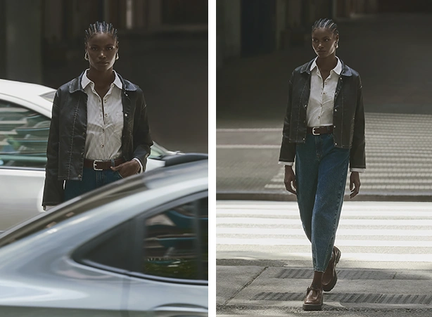Look feminino com camisa social e jaqueta resinada Look feminino com camisa social e jaqueta resinada