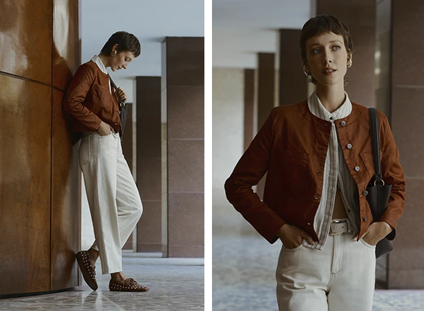 Look em tons de bege e jaqueta marrom Look em tons de bege e jaqueta marrom