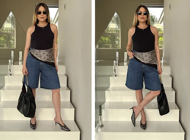 Look com bermuda feminina e lenço na cintura