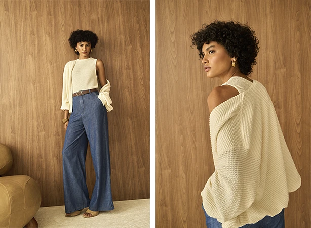 Opção de blusa para usar com calça pantalona jeans