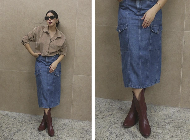 Combo de camisa e saia midi com bota marrom