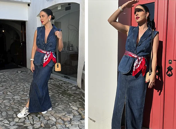 Conjunto em denim com lenço