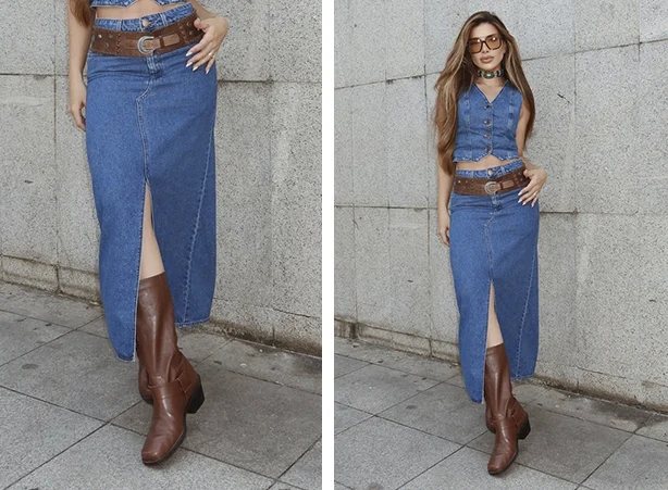 Looks com bota marrom e saia midi jeans