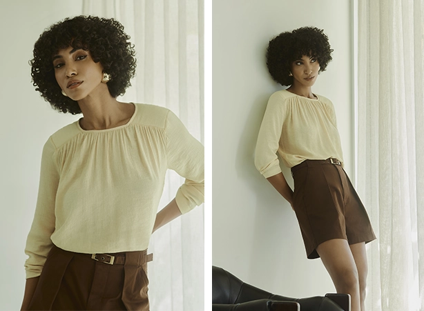 Look com short marrom e blusa de manga longa