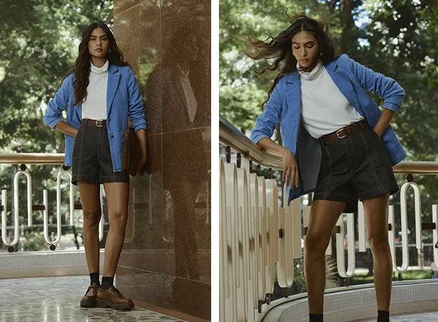 Looks femininos com blazer jeans e short jeans resinado Looks femininos com blazer jeans e short jeans resinado