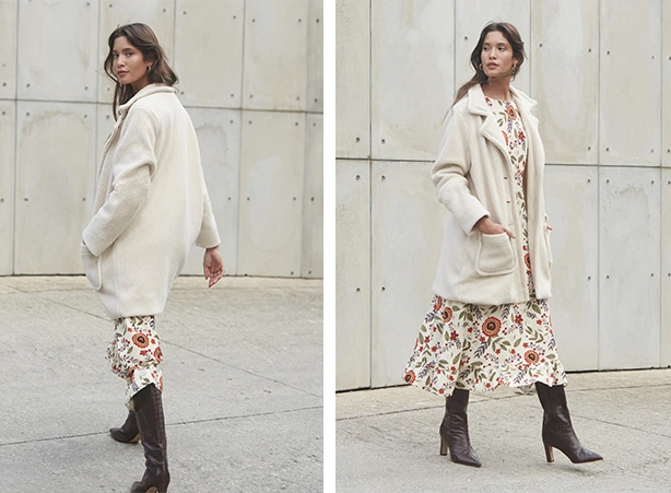 Combinação de vestido com bota cano longo e casaco Teddy alongado
