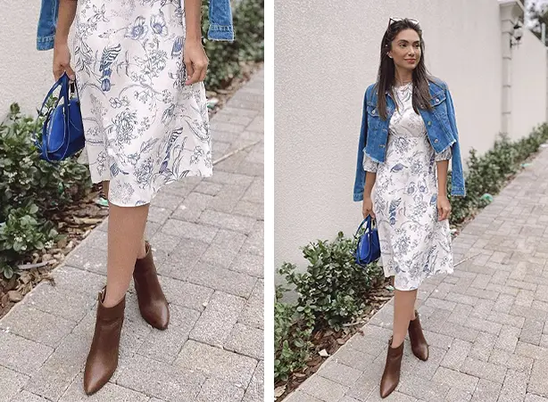 Look com vestido estampado e jaqueta jeans cropped