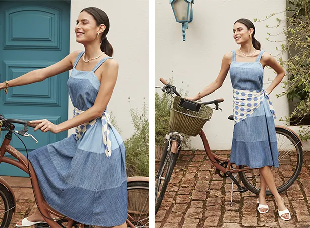Looks com vestido jeans e lenço poá