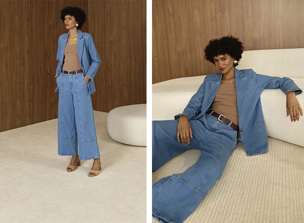 Conjunto em denim de blazer com calça Conjunto em denim de blazer com calça