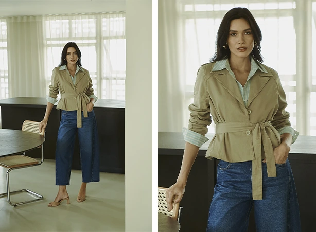 Look elegante com calça e casaco trench Look elegante com calça e casaco trench