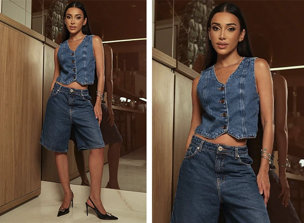 Looks femininos all jeans com colete e bermuda Looks femininos all jeans com colete e bermuda