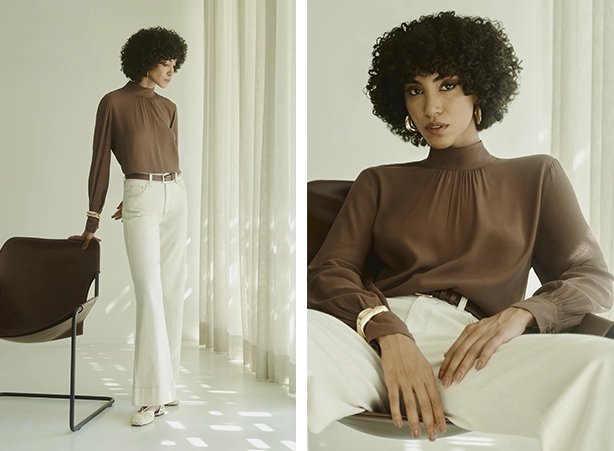 Duo de blusa marrom e calça new flare branca Duo de blusa marrom e calça new flare branca