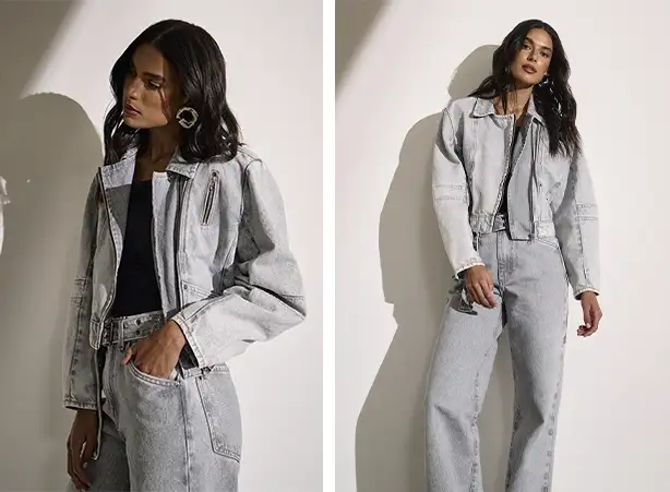 Look feminino em denim black delavê Look feminino em denim black delavê