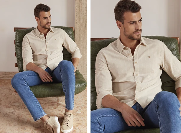 Roupas masculinas estilosas com jeans e camisa Roupas masculinas estilosas com jeans e camisa