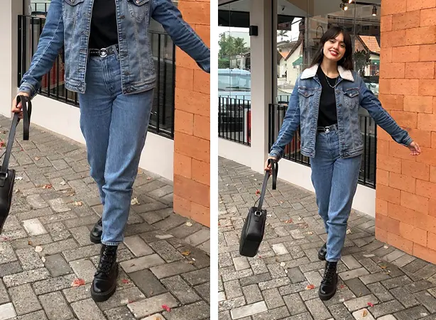 Look all jeans com calça mom e jaqueta com gola peluciada Look all jeans com calça mom e jaqueta com gola peluciada
