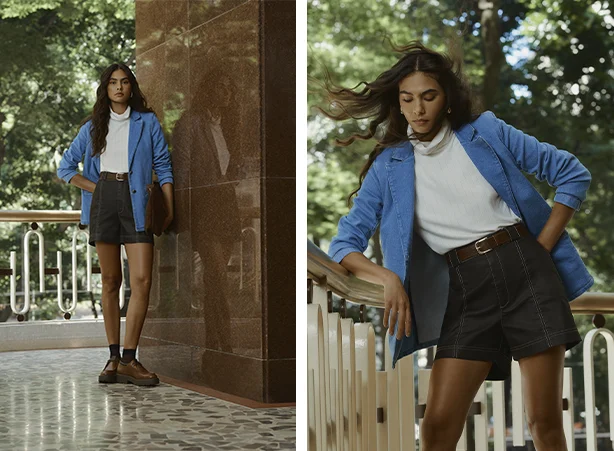 Look com short jeans curinga e blazer Look com short jeans curinga e blazer