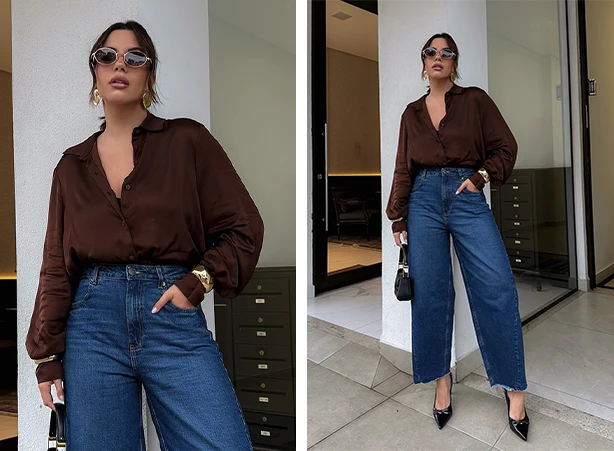 Look com barrel jeans e salto alto