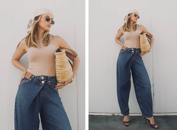 Modelagem barrel jeans e regata bege lisa