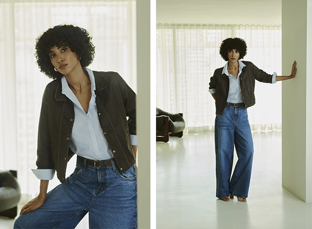 Combinação de jaqueta resinada com calça jeans Combinação de jaqueta resinada com calça jeans