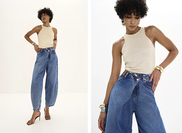 Look com regata em tecido brilhante e calça barrel