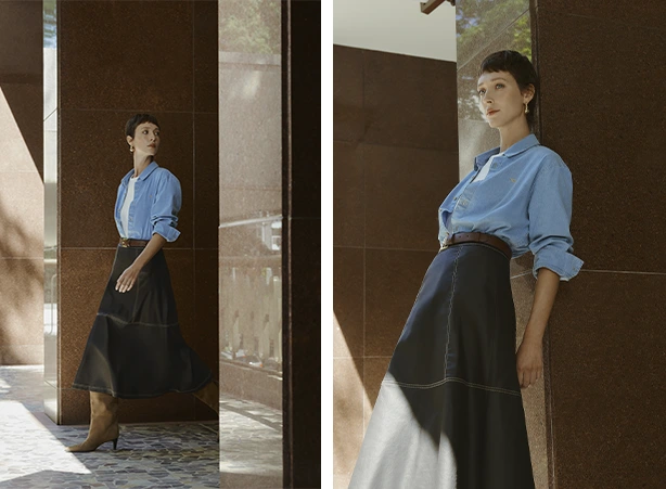 Looks femininos estilosos com saia midi e camisa jeans Looks femininos estilosos com saia midi e camisa jeans