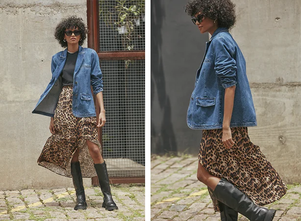 Look feminino com saia em animal print e blazer jeans Look feminino com saia em animal print e blazer jeans
