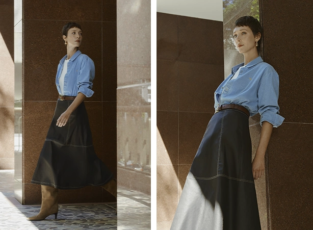 Looks com saia resinada e camisa jeans Looks com saia resinada e camisa jeans