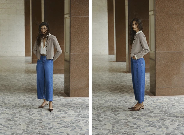 Looks femininos com calça barrel em tonalidade azul média e casaqueto clássico xadrez