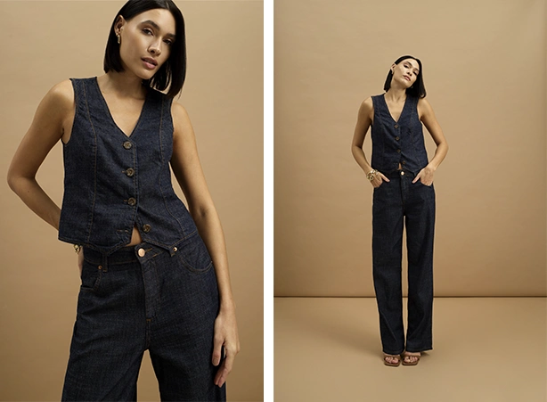 Look elegante com calça jeans e colete Look elegante com calça jeans e colete