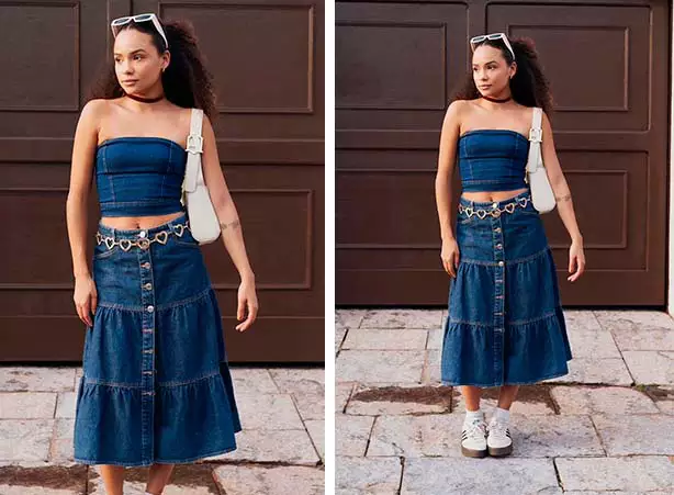 Combinação de saia jeans com tênis Combinação de saia jeans com tênis
