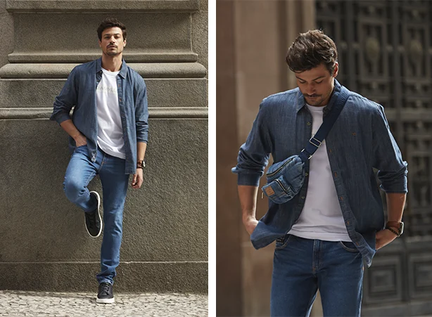 Dupla de calça jeans com camiseta branca Dupla de calça jeans com camiseta branca