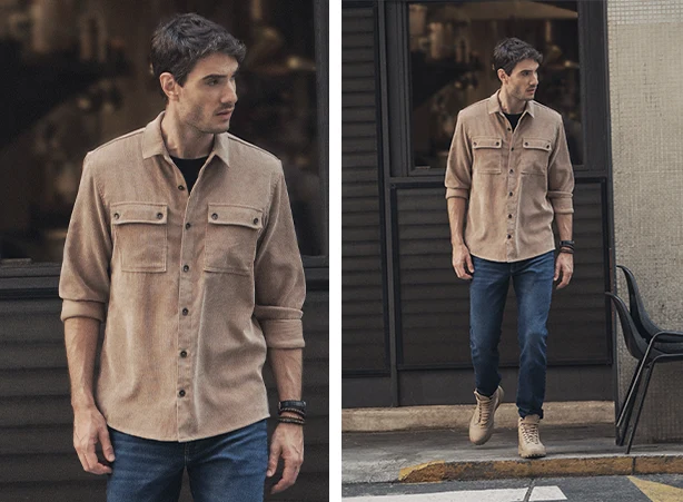 Camisa bege em veludo cotelê em sobreposição com uma camiseta preta Camisa bege em veludo cotelê em sobreposição com uma camiseta preta