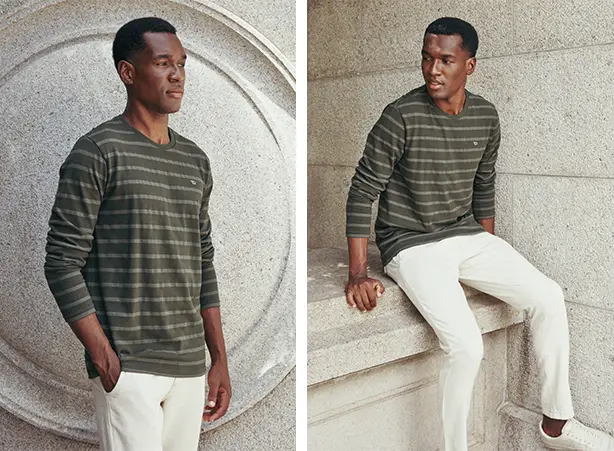 Look masculino causal com blusa verde listrada Look masculino causal com blusa verde listrada