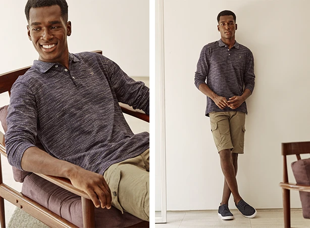 Roupas masculinas estilosas com camisa polo de manga longa e bermuda cargo Roupas masculinas estilosas com camisa polo de manga longa e bermuda cargo