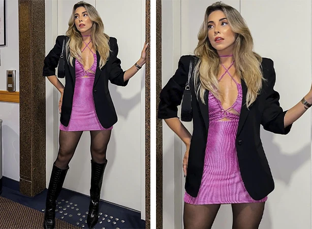 Look com vestido rosa brilhante e blazer preto Look com vestido rosa brilhante e blazer preto