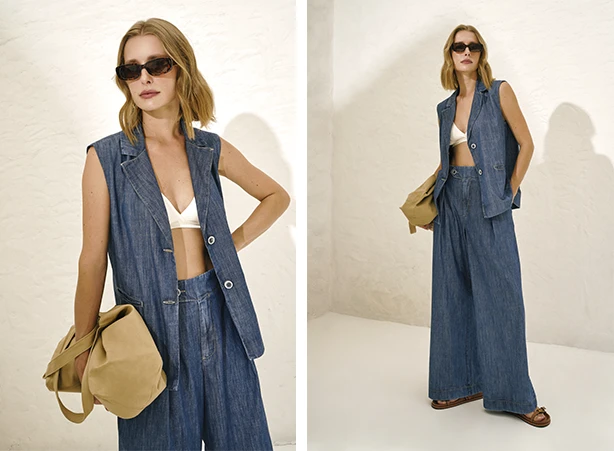 Duo em denim leve e top branco