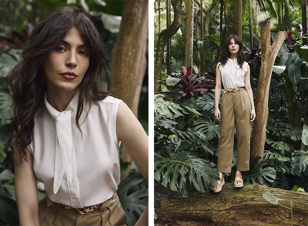 Look feminino com calça bege em corte de alfaiataria 