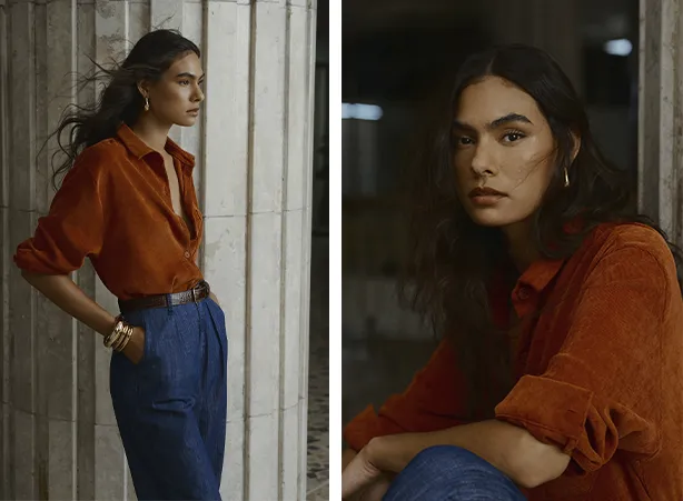 Look com camisa cotelê terracota e calça jeans