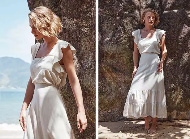 Duo de saia e blusa em tom de bege claro