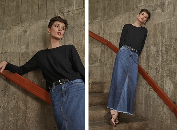 Look de saia com recortes em diferentes tonalidades