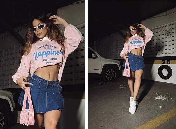 Combinação de saia jeans com tênis chunky