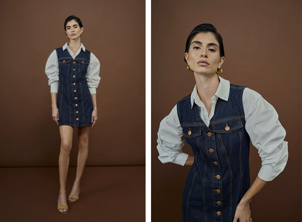 Look com vestido jeans e camisa branca curinga