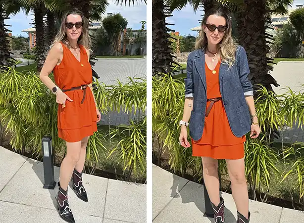 Combo de vestido com bota cano curto e blazer jeans