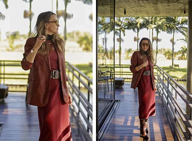 Look monocromático de vestido com casaco