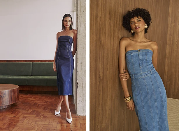 Modelos de vestidos jeans sem alça com shape ajustado Modelos de vestidos jeans sem alça com shape ajustado